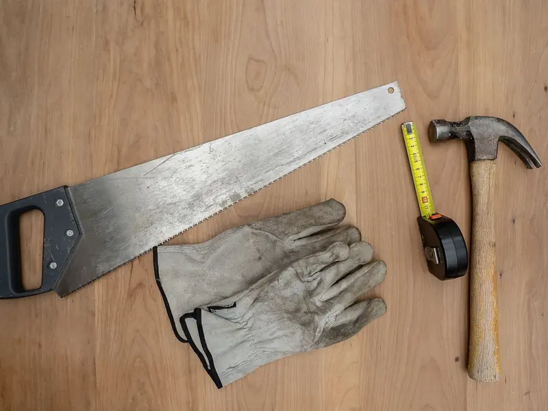 Hand saw, work gloves, tape measure and hammer laid out on a wooden surface